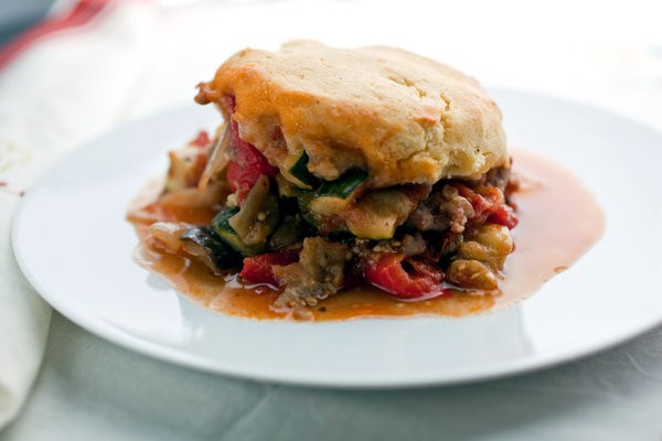 Ratatouille and sausage potpie with cornmeal biscuits