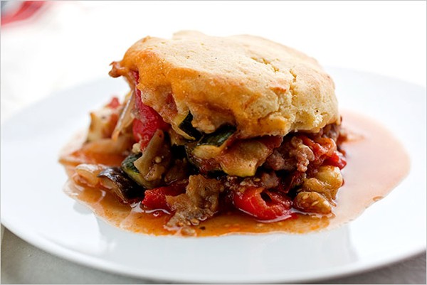 Ratatouille and sausage potpie with cornmeal biscuits