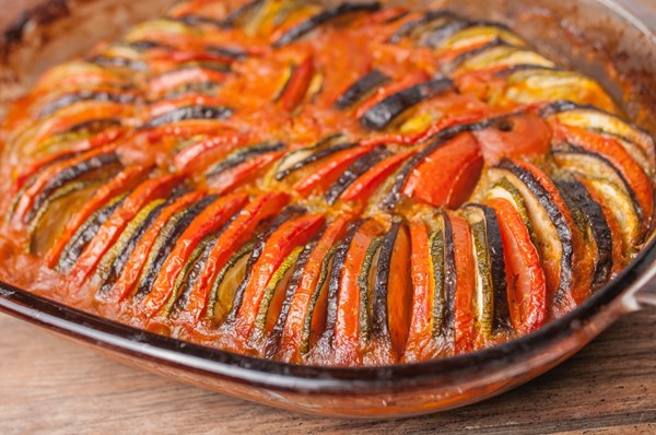 Ratatouille (Provençal eggplant and zucchini casserole with onions, tomatoes, peppers, and herbs)