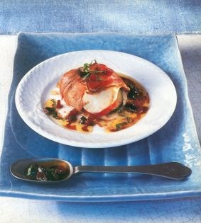 Ratatouille-stuffed mozzarella wrapped in prosciutto