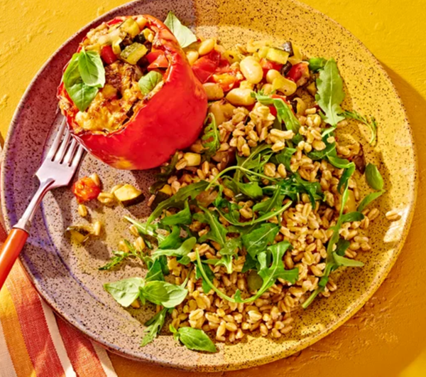 Ratatouille-stuffed peppers with arugula-farro salad