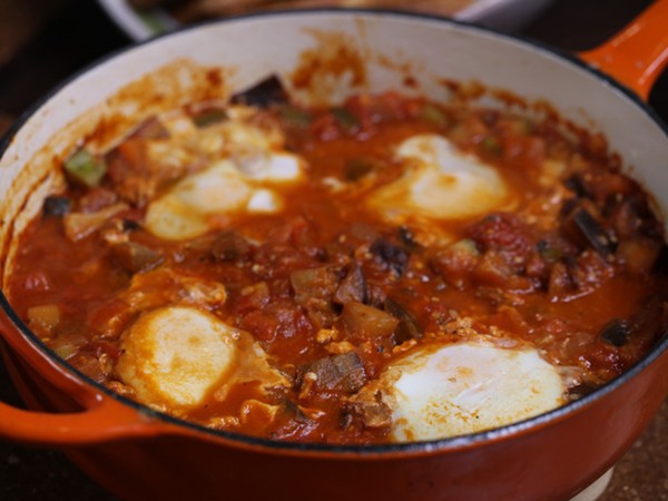 Ratatouille with poached eggs & garlic croutons