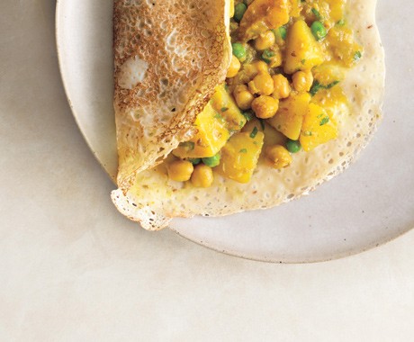 Rava dosas with potato chickpea masala