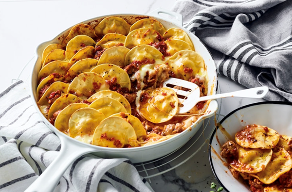 Ravioli bake with sausage, tomato and mozzarella