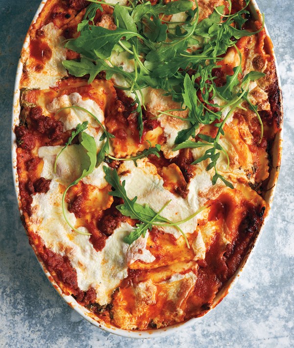 Ravioli lasagna with arugula