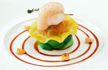 Ravioli of duck, seared langoustine tails and sherry veal jus