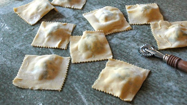 Ravioli of potato and ricotta with speck and cavolo nero (Ravioli di papate e ricotta con speck e cavolo nero)