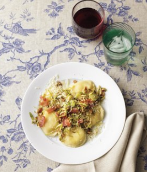 Ravioli with Brussels sprouts and bacon