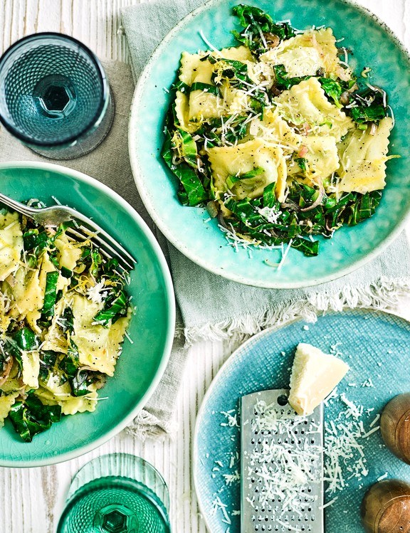 Ravioli with buttered lemon greens