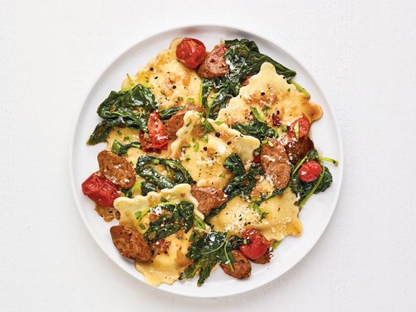 Ravioli with chicken sausage and kale