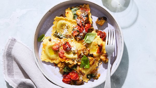 Ravioli with roasted eggplant, tomatoes, and capers