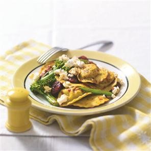 Ravioli with rose harissa, chorizo and summer veg