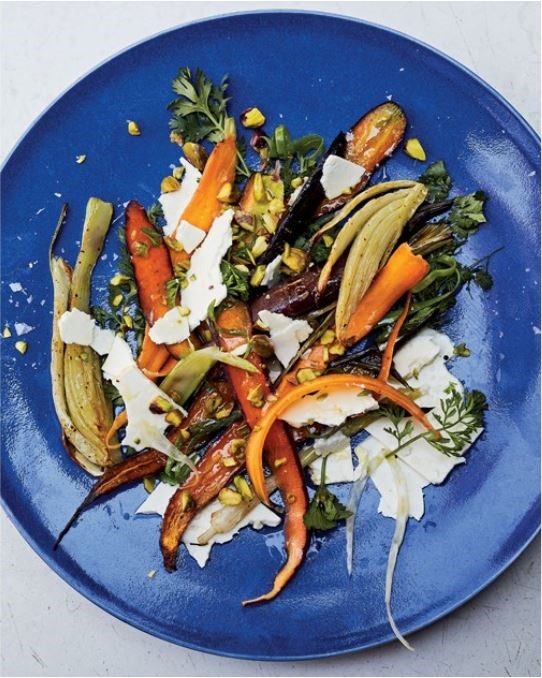 Raw and roasted carrots and fennel with feta and pistachios