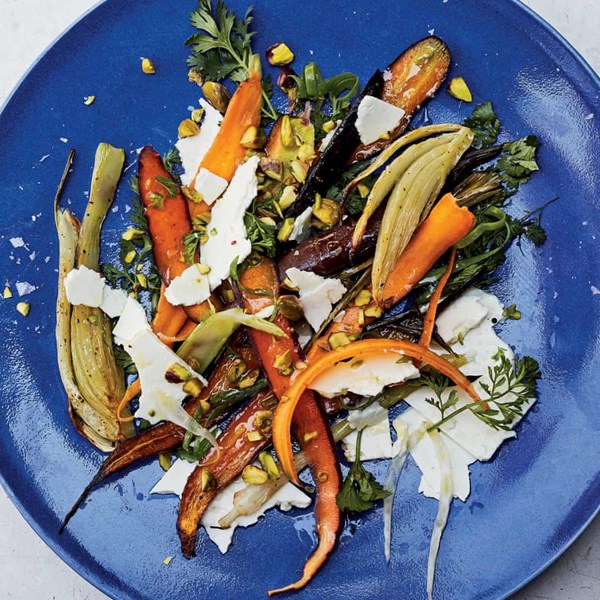 Raw and roasted carrots and fennel with feta and pistachios