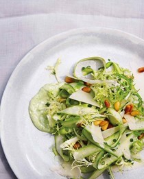 Raw asparagus salad with pine nuts, Parmesan and lemon herb yogurt