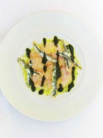 Raw bass with anchovy, mint and coriander dressing