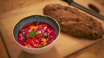 Raw beetroot soup with dill and honey yoghurt