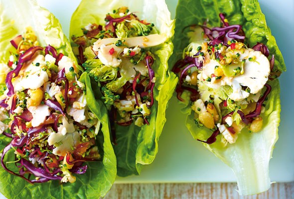 Raw broccoli, crushed pine nuts, dates and ginger soy honey lettuce wraps