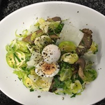 Raw Brussels sprout nests with oyster mushrooms and quail's eggs