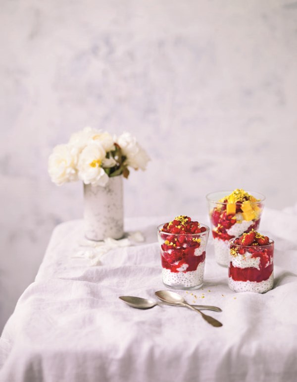 Raw chocolate and red berry chia pudding