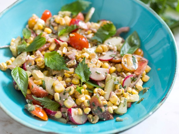 Raw corn salad with shiso and basil
