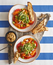 Raw fish Mediterranean-style, with tomato, saffron, orange & fennel