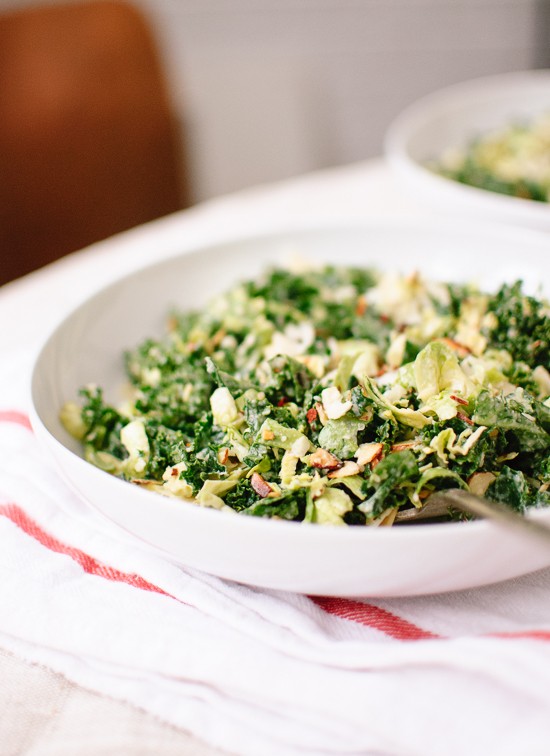 Raw kale and Brussels sprouts salad with tahini-maple dressing