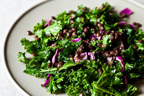 Raw kale salad with lentils and sweet apricot vinaigrette