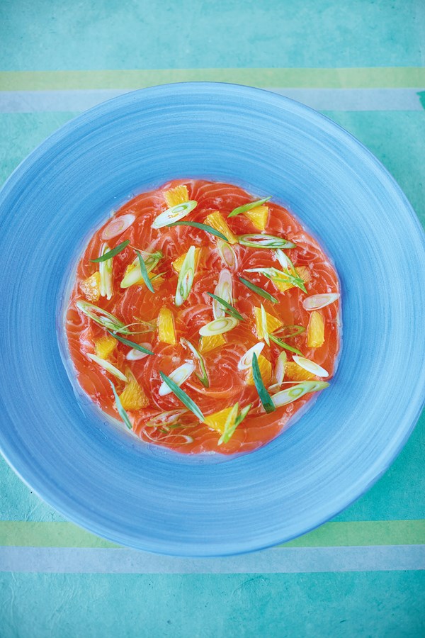 Raw salmon with vodka, orange and horseradish