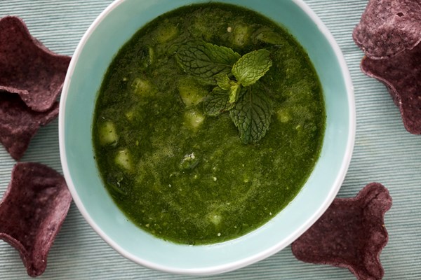 Raw salsa verde with cucumber and mint