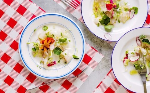 Raw seabass, shaved radishes and nasturtiums