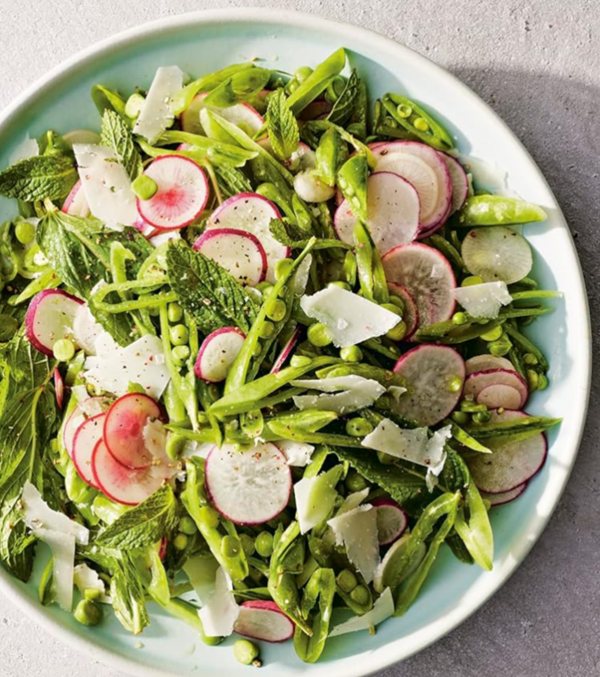 Raw snap pea salad with radishes and mint