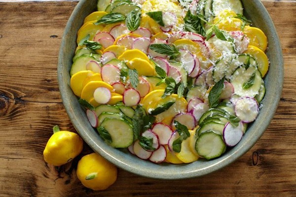 Raw squash salad with radishes, Manchego, and lemon vinaigrette