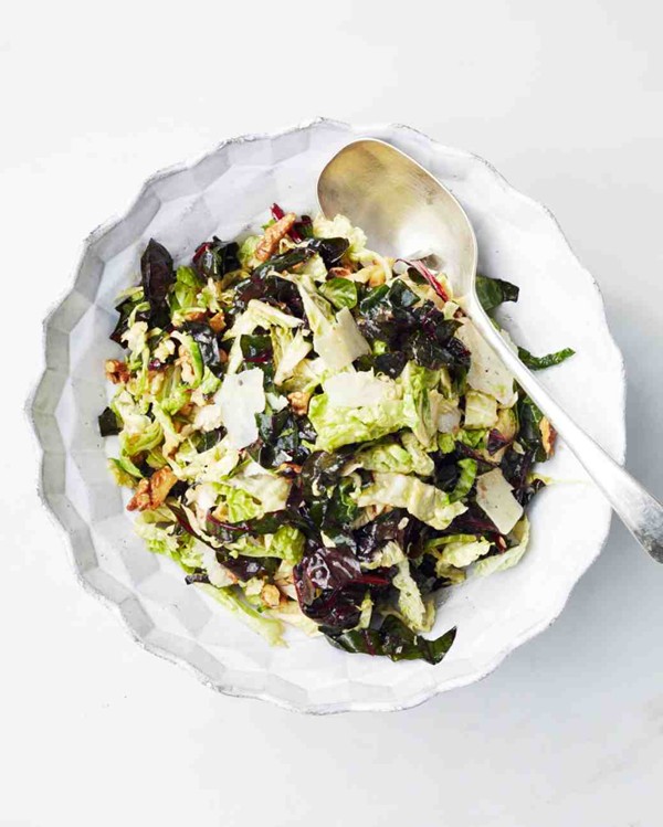 Raw Swiss chard, cabbage, and Brussels sprout salad