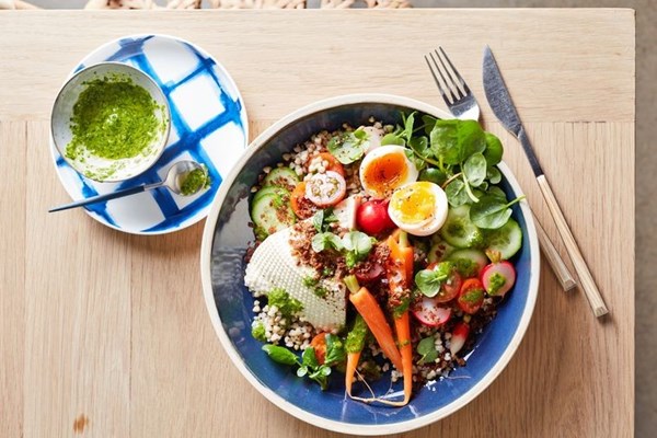 Raw veggies, ricotta, eggs & green sauce