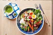 Raw vegies, ricotta, eggs and green sauce