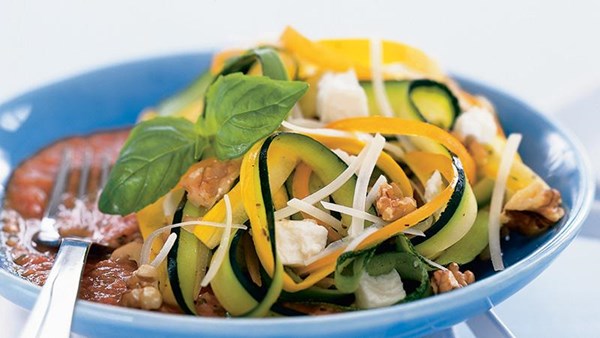 Raw zucchini fettuccine with marinara sauce