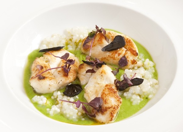 Ray cheeks, black garlic, peas and tapioca