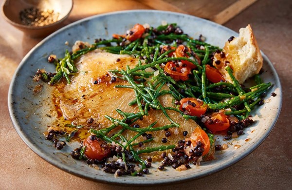 Ray wing with samphire & tomatoes