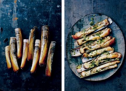 Razor clams seared in cast iron with parsley butter
