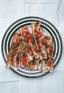 Razor clams with chorizo, hazelnuts & tomato
