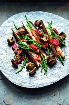 Razor clams with cockles, samphire and chorizo