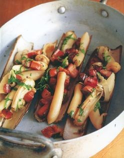 Razor clams with wild boar bacon and hedgerow garlic