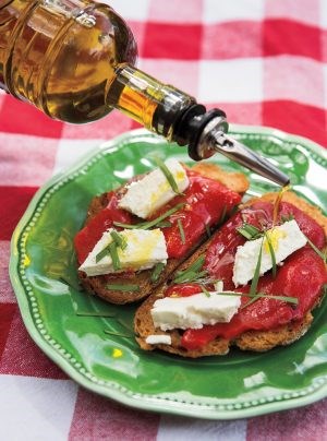 Razzle dazzle Caprese, 4 ways: grill-roasted red pepper, feta, and chives