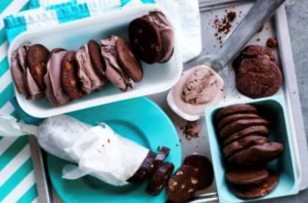 Ready-bake chocolate cookie ice cream sandwiches