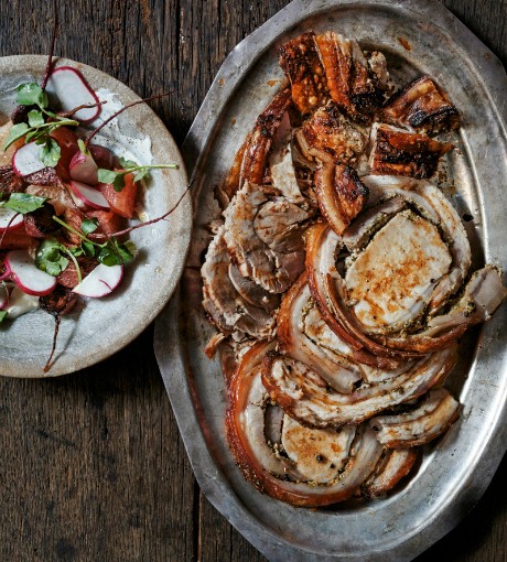 Real porchetta with roasted beets, grapefruit, and crème fraîche 
