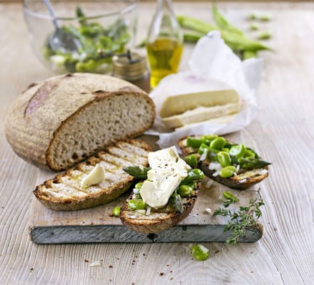 Reblochon, broad beans and asparagus toast