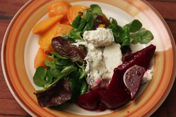 Red and gold beet salad with mache & goat cheese