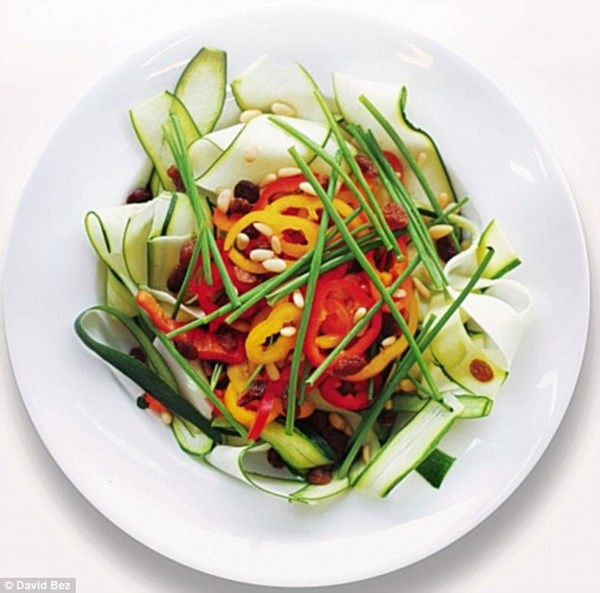 Red and yellow peppers, courgette and raisins