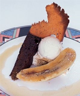 Red bananas Foster with marshmallow and spice cake